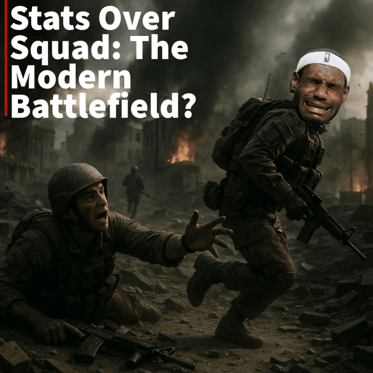 Soldier runs past fallen teammate in Battlefield with headline 'Stats Over Squad: The Modern Battlefield?