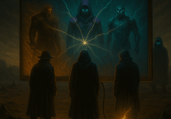 Vice Influenced Gaming Codex Lore artwork featuring three mysterious figures in a glowing ritual circle
