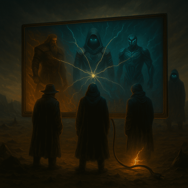 Vice Influenced Gaming Codex Lore artwork featuring three mysterious figures in a glowing ritual circle