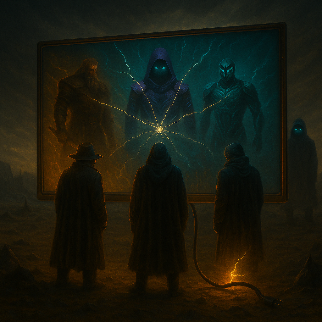 Vice Influenced Gaming Codex Lore artwork featuring three mysterious figures in a glowing ritual circle